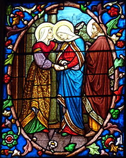 Vitrail dans la cathédrale SAint-Maclou de Pontoise représentant la visitation.